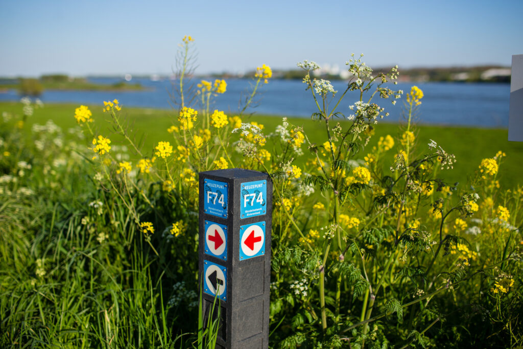 wandelroutes knooppunten paal bij rivier